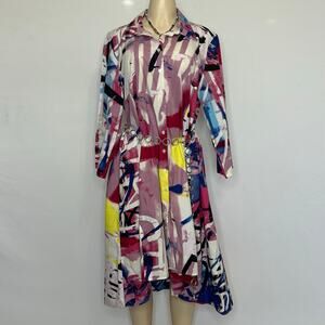 Abstract Art Print Shirt Dress XL High Low Hem 100% Cotton Button Front Colorful